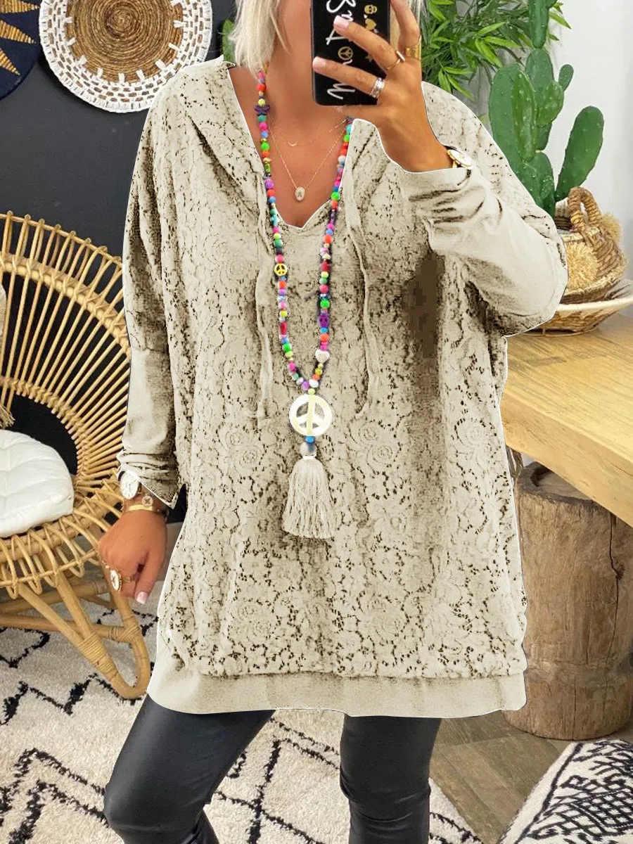 Pure Color V-neck Lace Casual Top