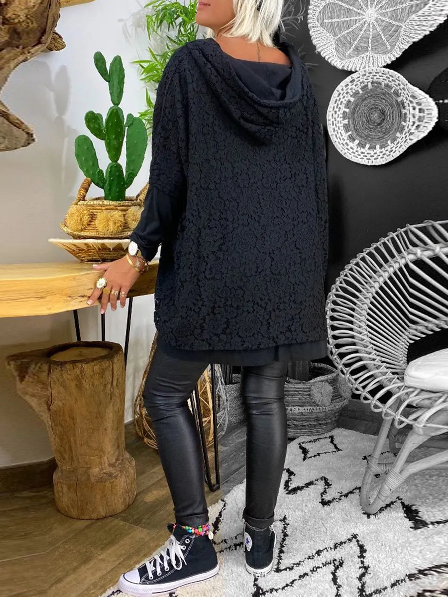 Pure Color V-neck Lace Casual Top