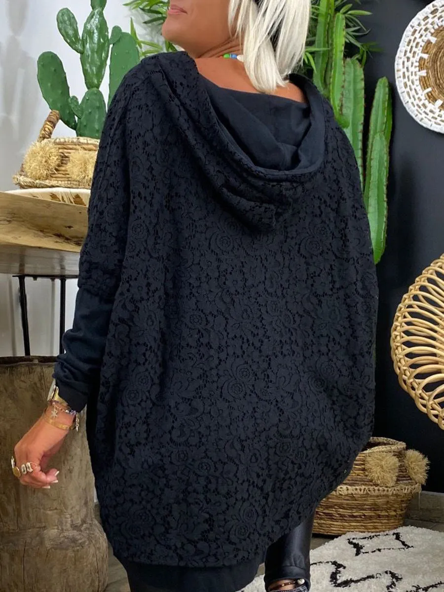 Pure Color V-neck Lace Casual Top