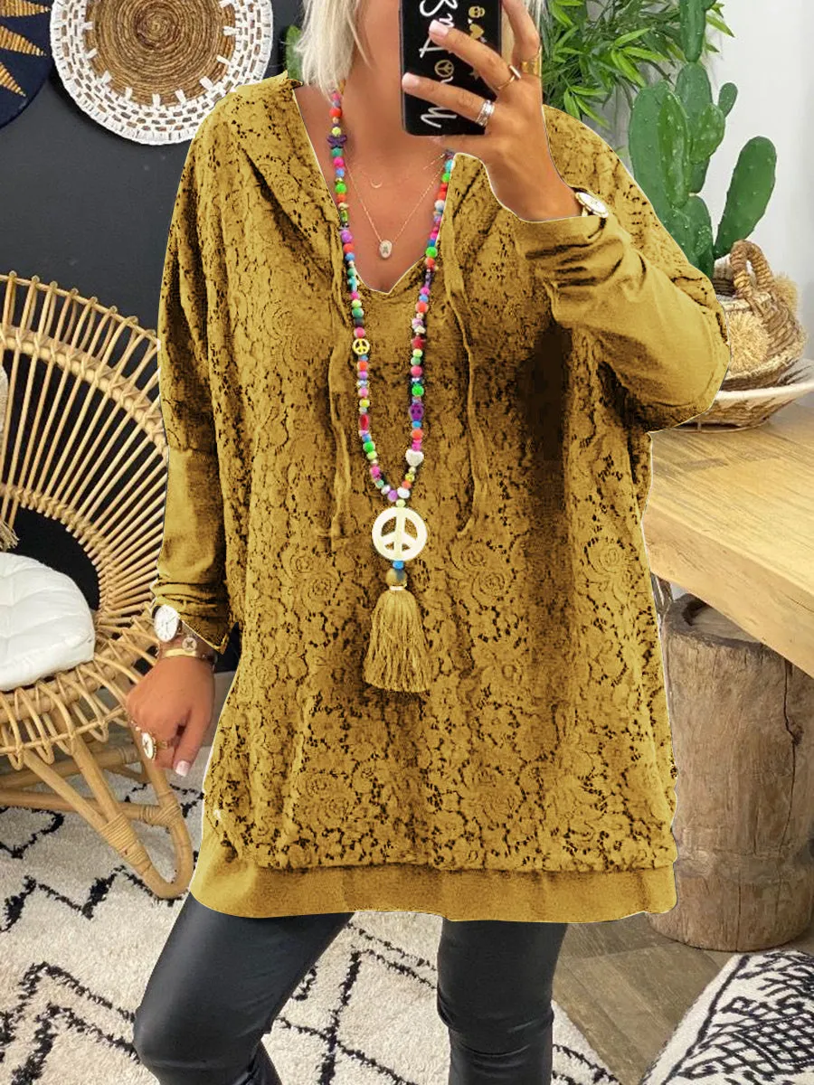 Pure Color V-neck Lace Casual Top