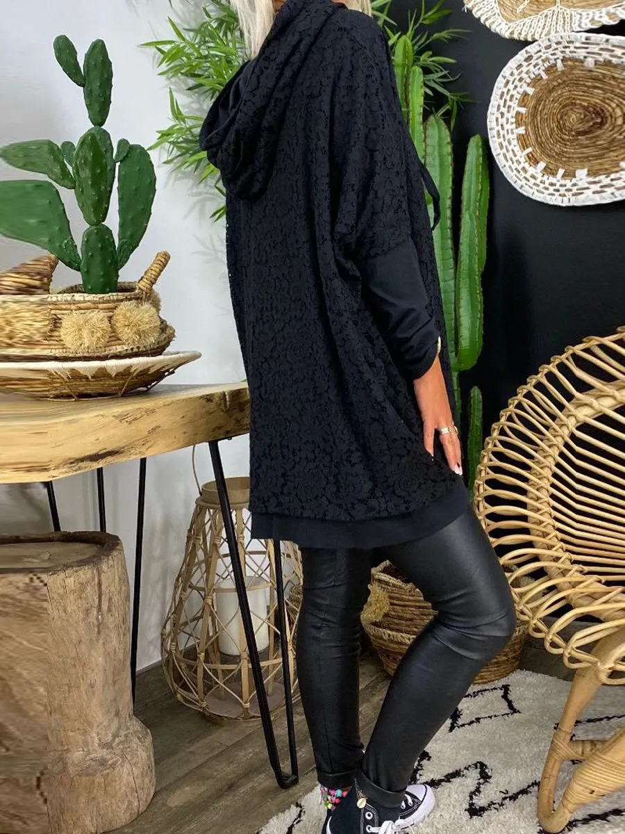 Pure Color V-neck Lace Casual Top