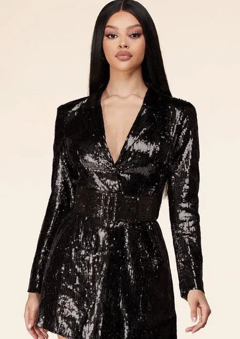 "LAS VEGAS" BLACK LONG SLEEVE SEQUIN MINI DRESS