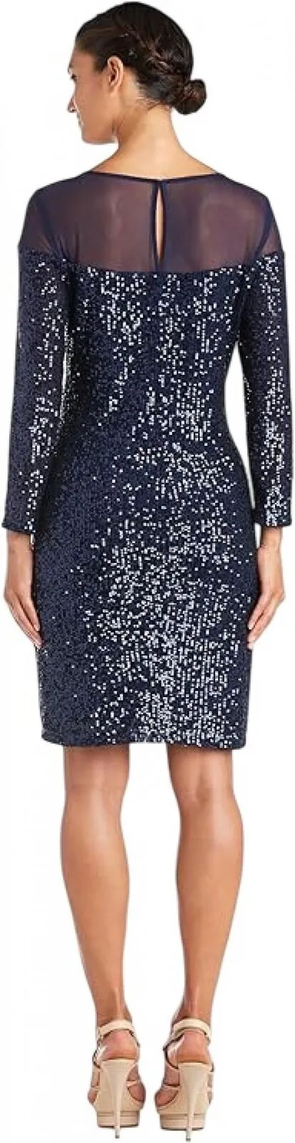 R&M Richards Women's Sequin Long Sleeve Knee-Length Evening Dress Navy Blue 6P