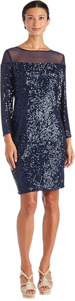 R&M Richards Women's Sequin Long Sleeve Knee-Length Evening Dress Navy Blue 6P