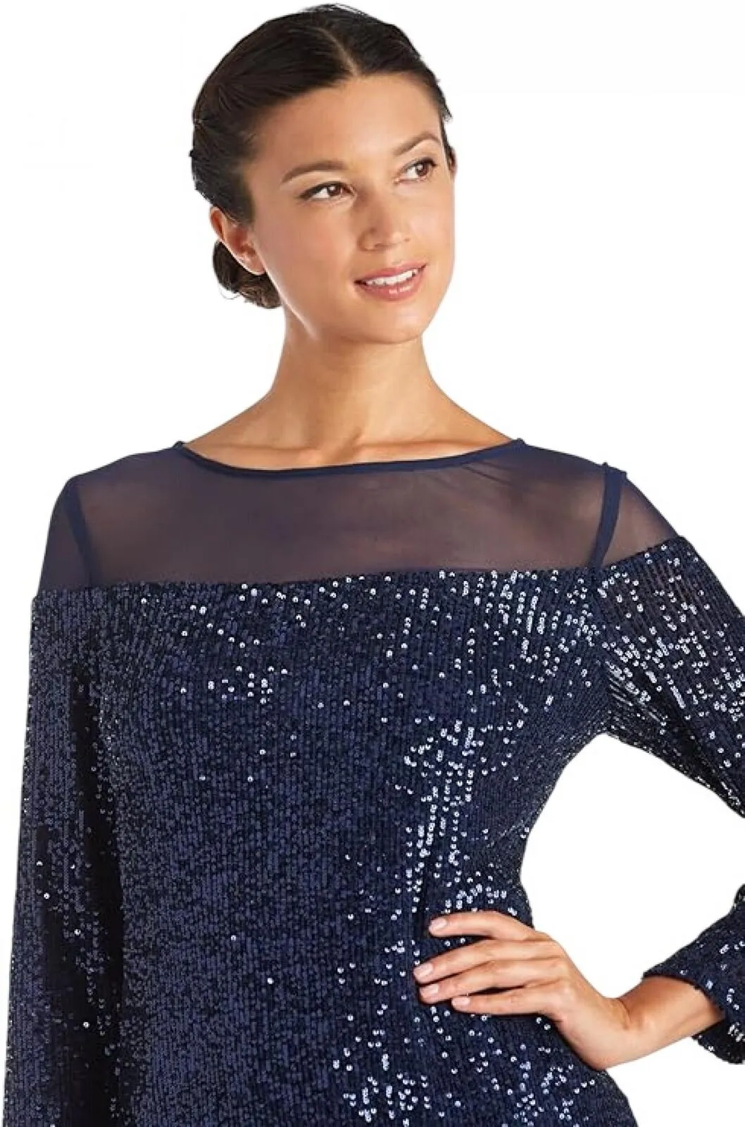 R&M Richards Women's Sequin Long Sleeve Knee-Length Evening Dress Navy Blue 6P