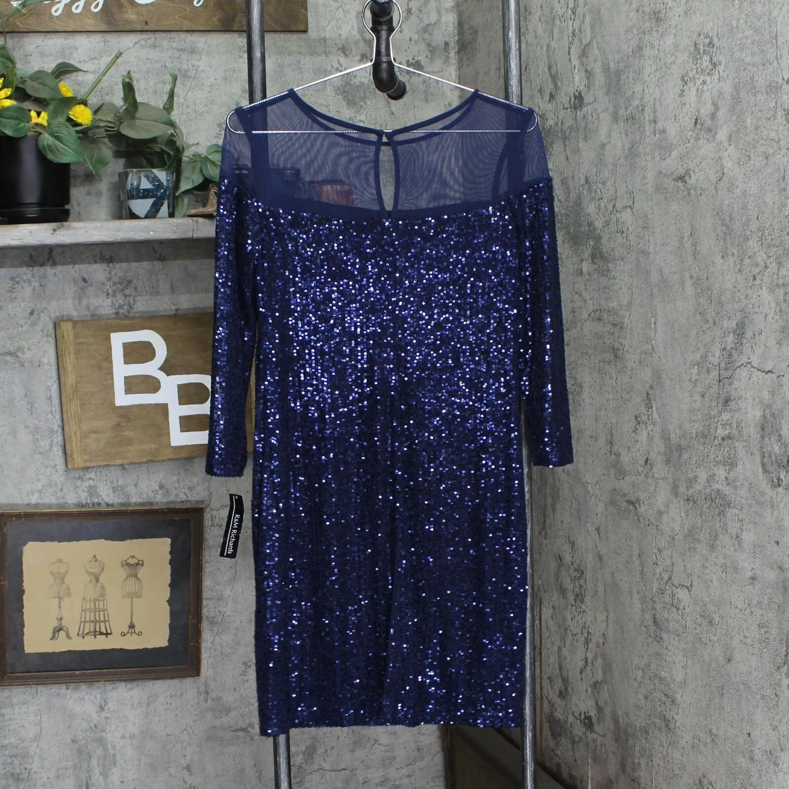 R&M Richards Women's Sequin Long Sleeve Knee-Length Evening Dress Navy Blue 6P