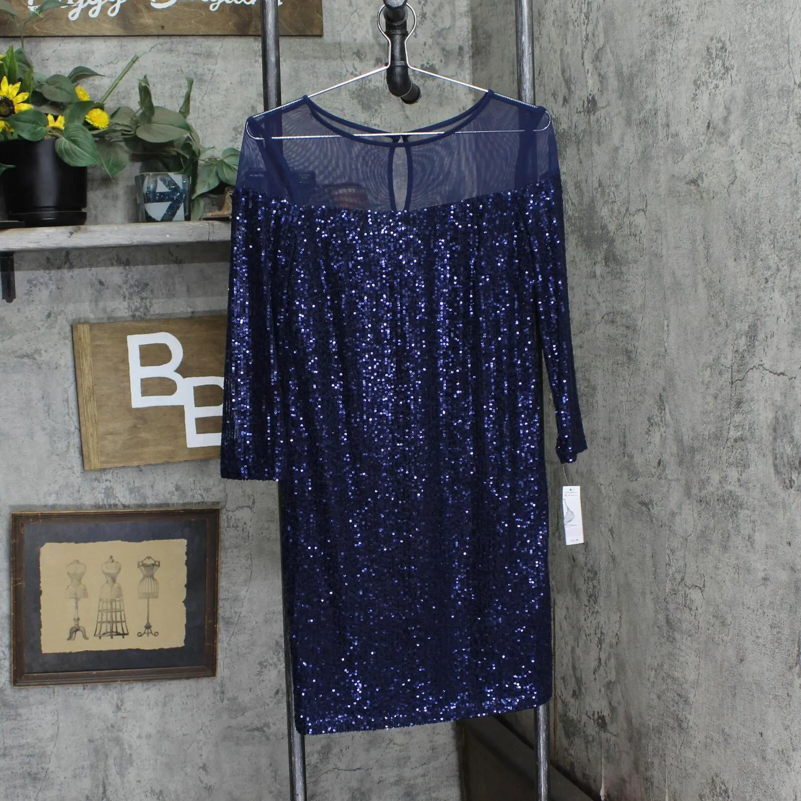 R&M Richards Women's Sequin Long Sleeve Knee-Length Evening Dress Navy Blue 6P