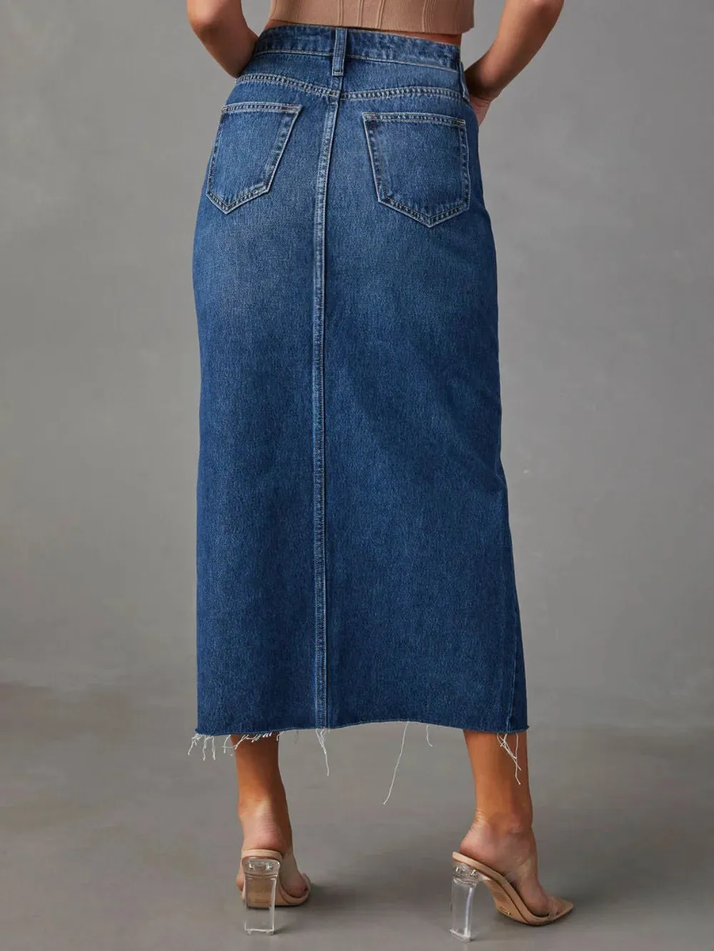 Raw Hem Front Slit Denim Midi Skirt