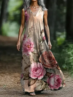 Retro Floral Print V-neck Sleeveless Loose Midi Dress