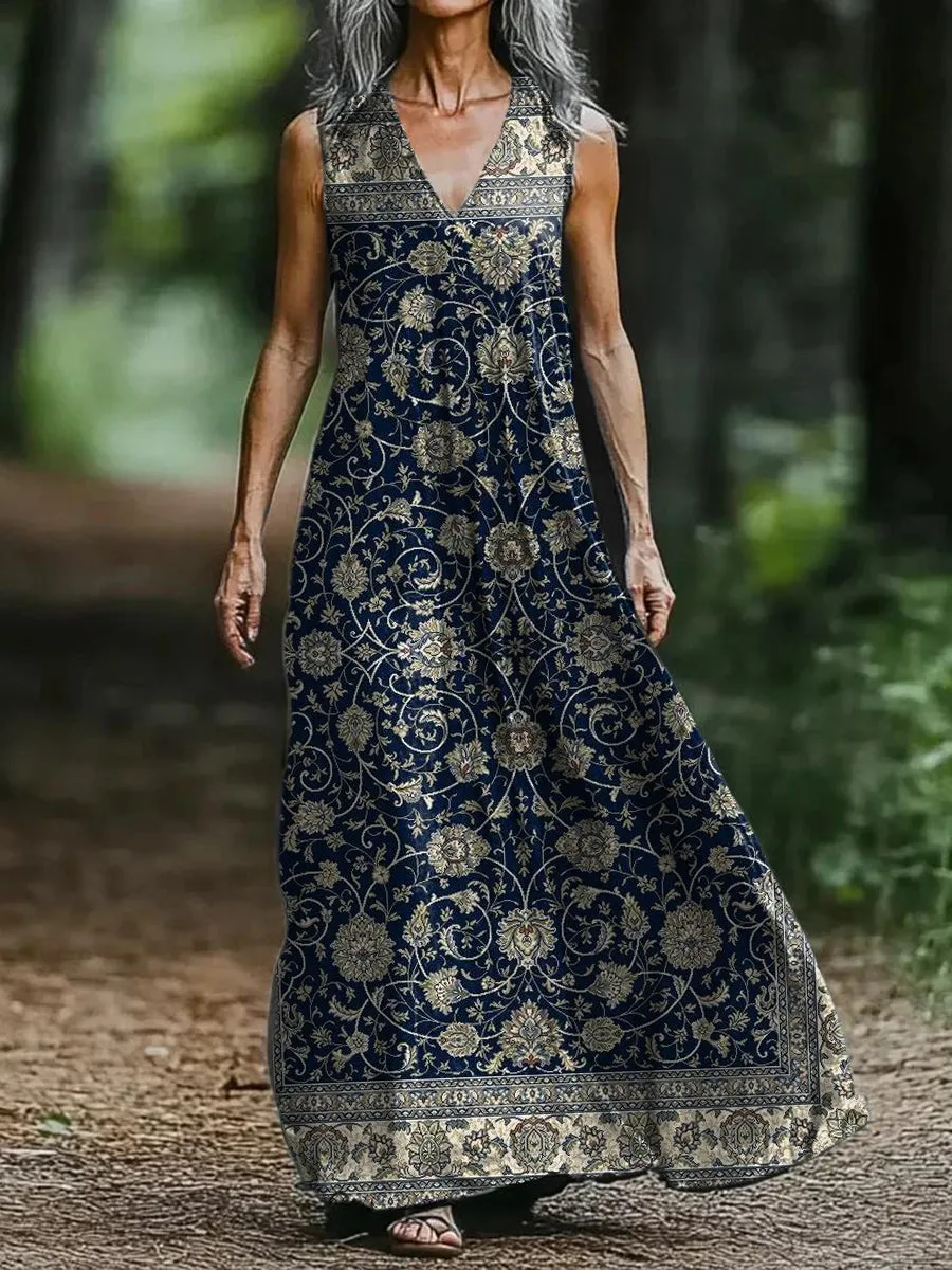Retro Floral Print V-neck Sleeveless Loose Midi Dress