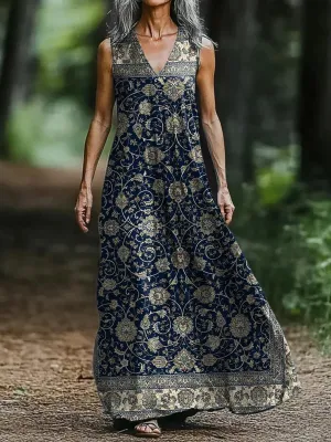 Retro Floral Print V-neck Sleeveless Loose Midi Dress