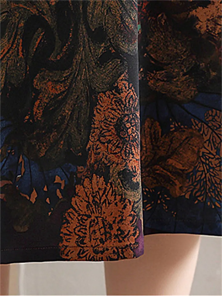 Retro Lotus Leaf Print V Neck Half Sleeve Dress for Lady