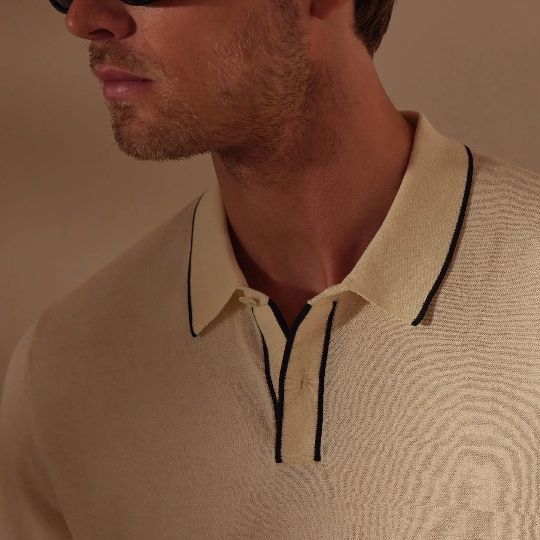Retro Tipped Long Sleeve Polo - Ivory/Black