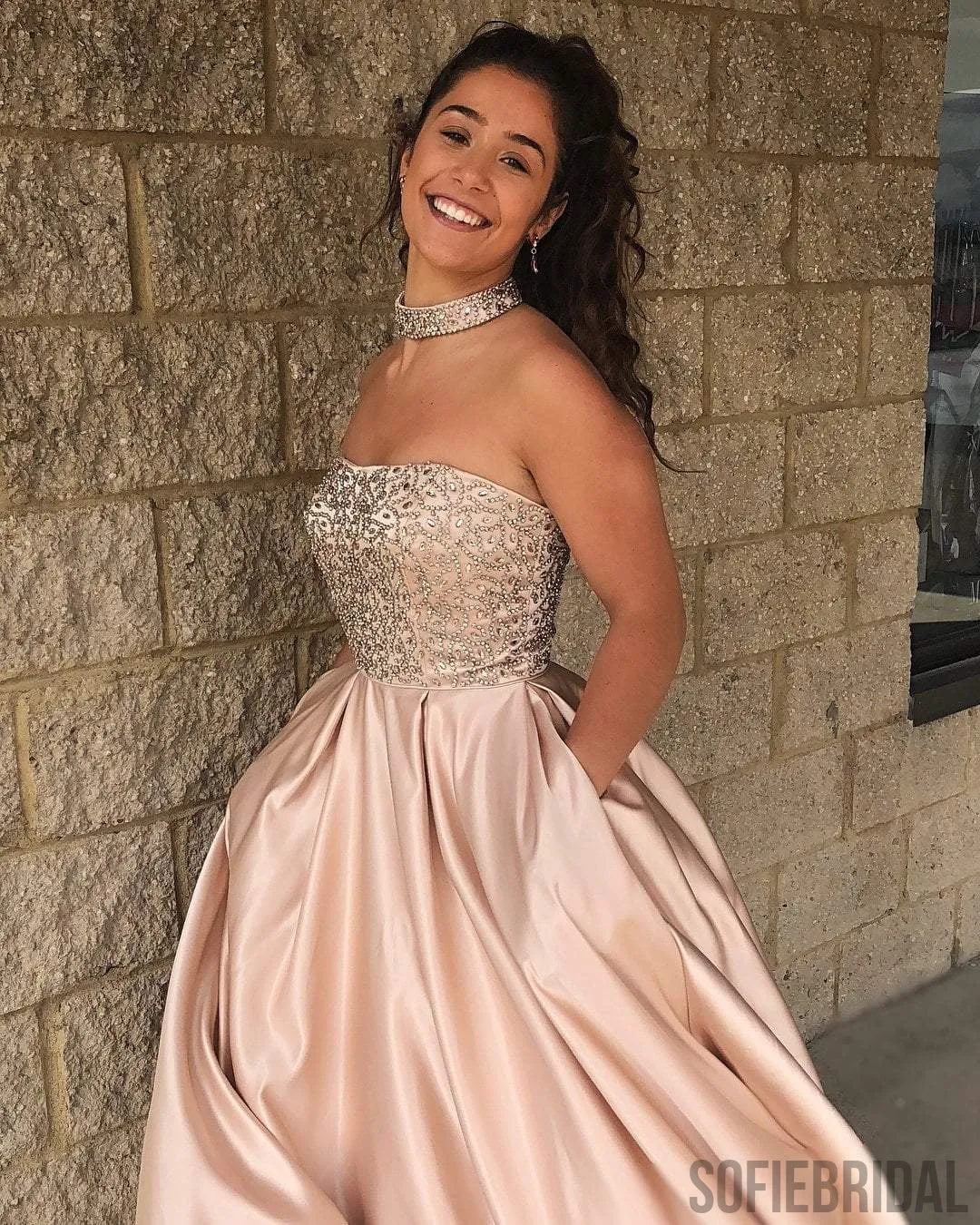 Rhinestone Beaded Prom Dresses, A-line Satin Prom Dresses, Newest Prom Dresses, PD0627