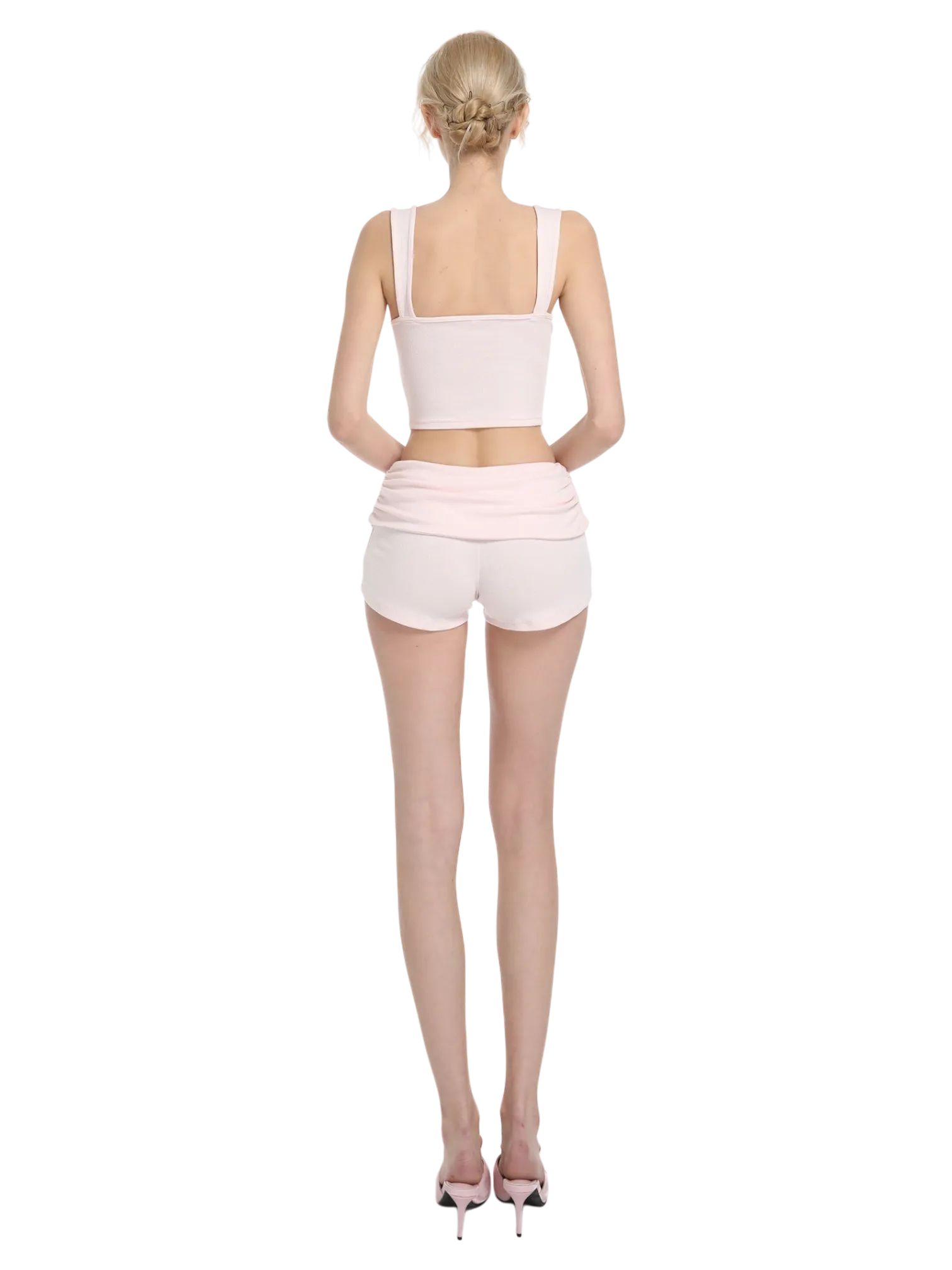 Rose Buds Cotton Fold Over Ruched Shorts (Baby Pink)