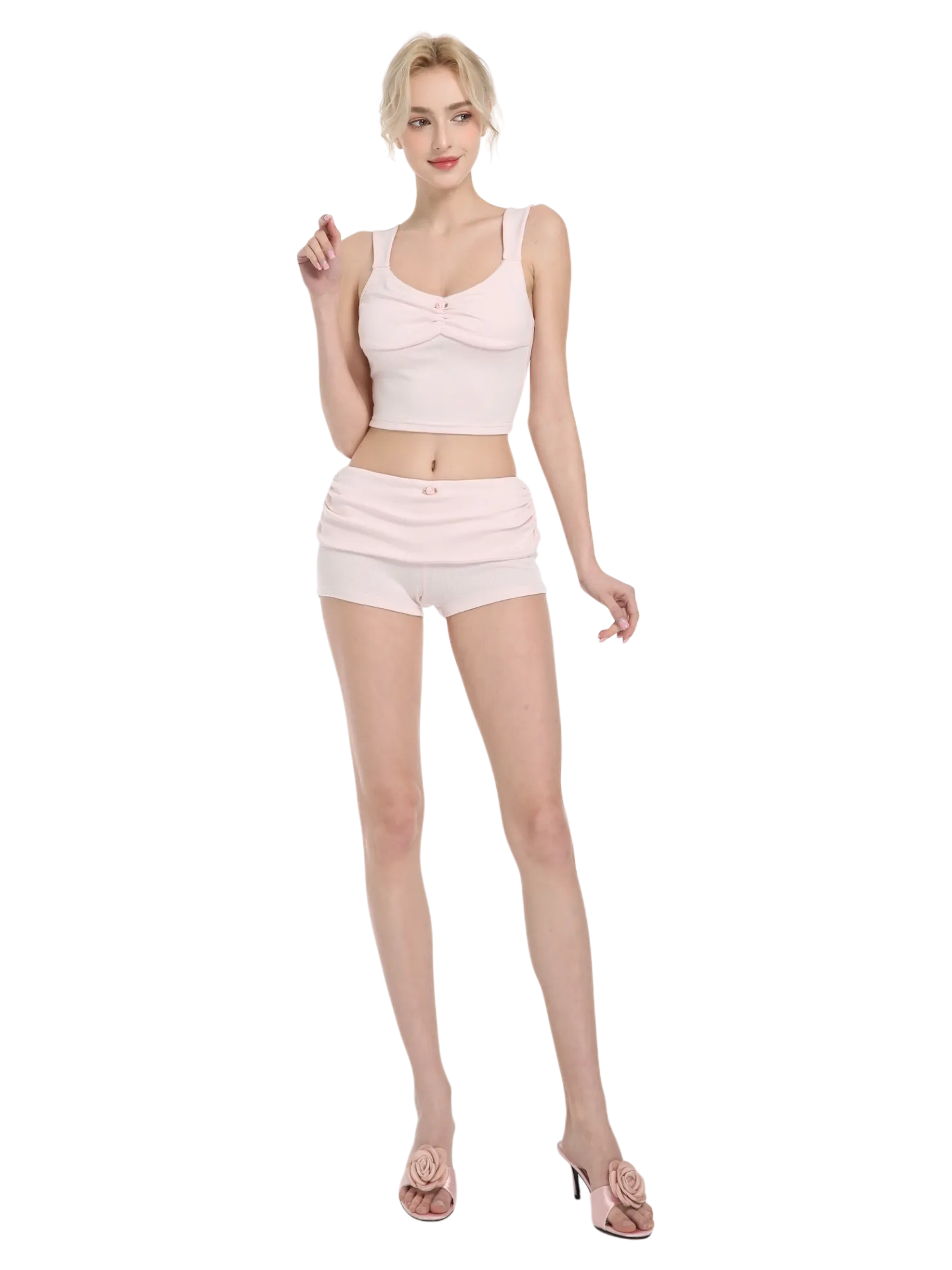 Rose Buds Cotton Fold Over Ruched Shorts (Baby Pink)