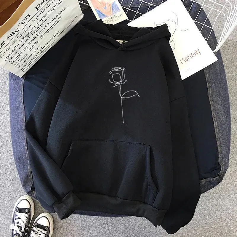 Rose  Printed   Women Sweatshirt Loose Casual  Autumn Winter Hoodies