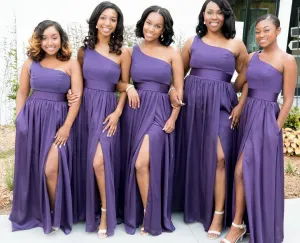 Roycebridal A-Line Simple One Shoulder Purple Bridesmaid Dresses with pockets
