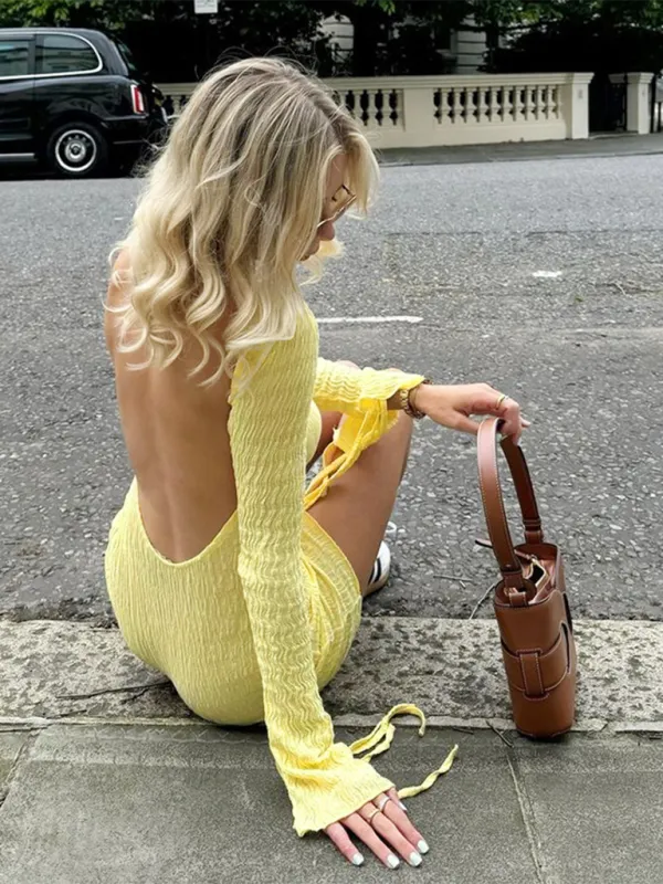 Ruched Mini Dress with Open Back and Bell Sleeves