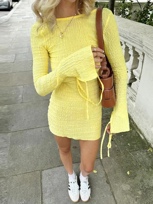 Ruched Mini Dress with Open Back and Bell Sleeves