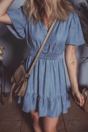 Ruffled Hem Smocked Flutter Sleeve Denim Mini Dress
