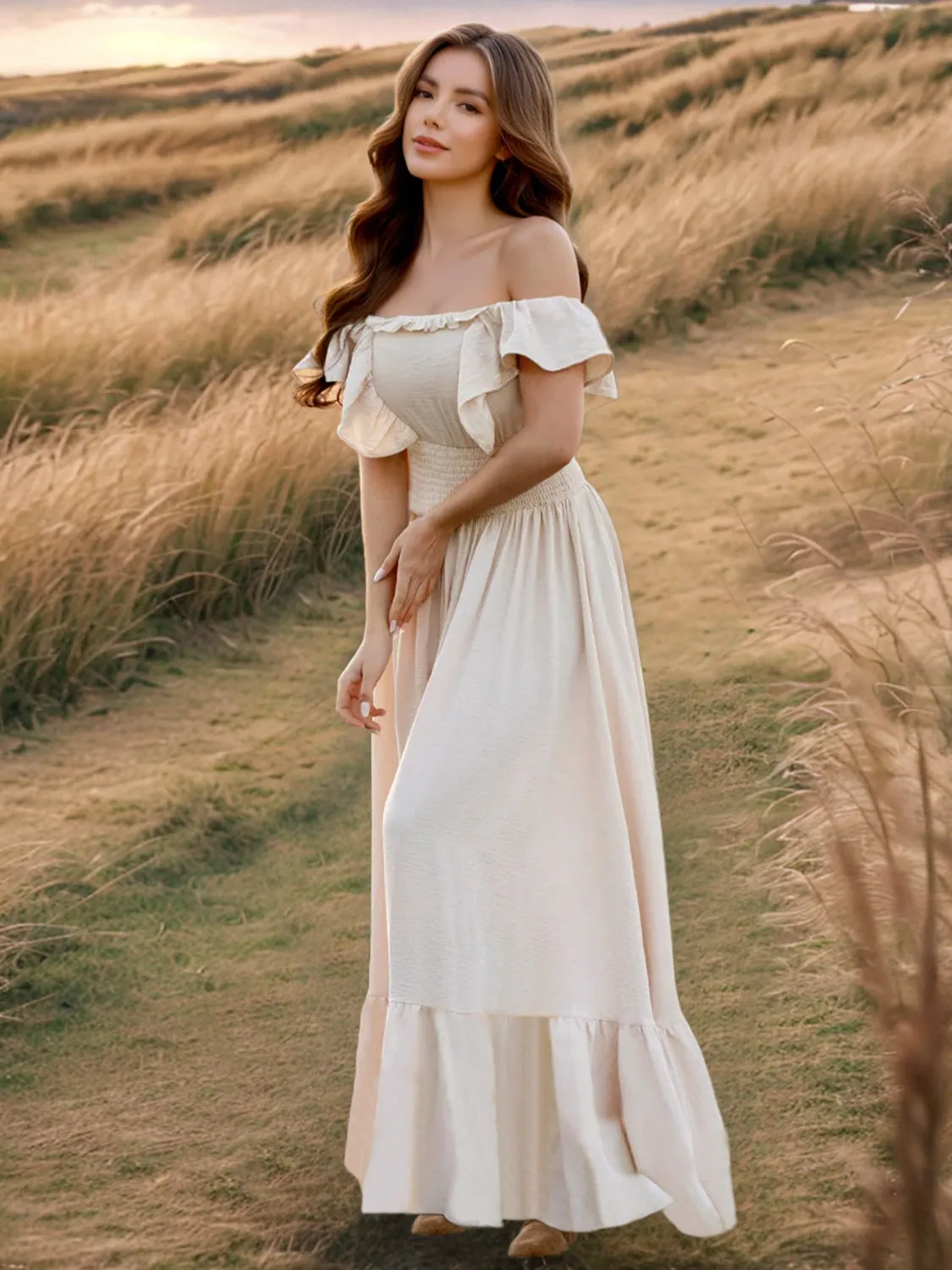 Ruffled Smocked Square Neck Maxi Dress