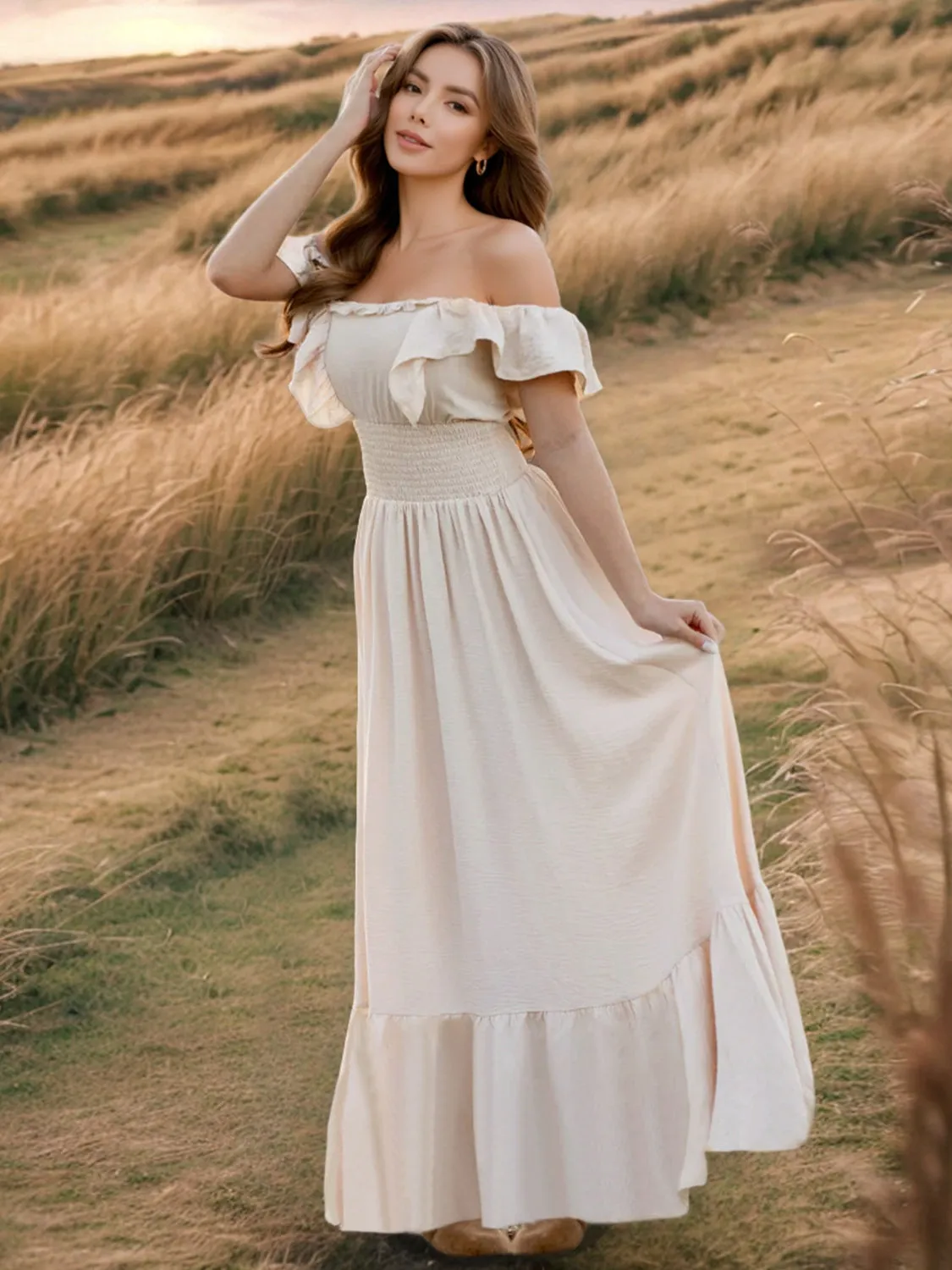 Ruffled Smocked Square Neck Maxi Dress