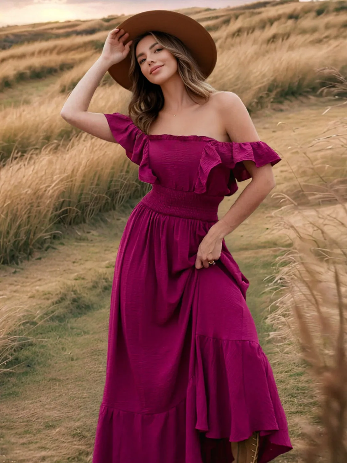 Ruffled Smocked Square Neck Maxi Dress