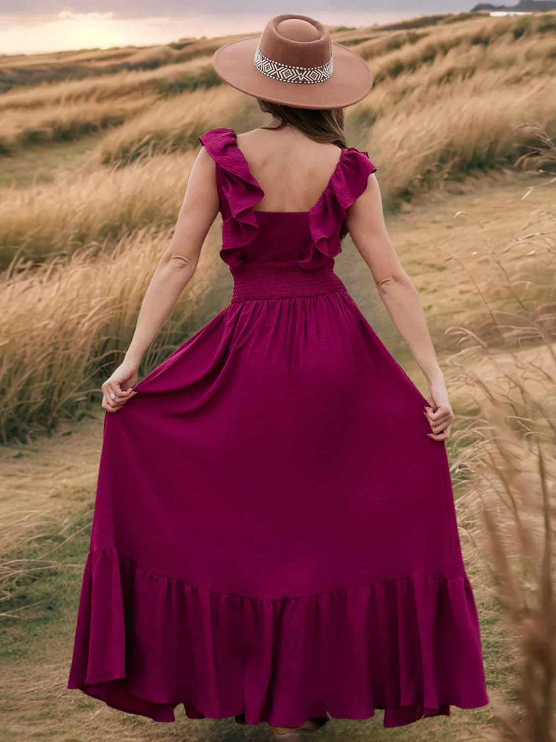 Ruffled Smocked Square Neck Maxi Dress