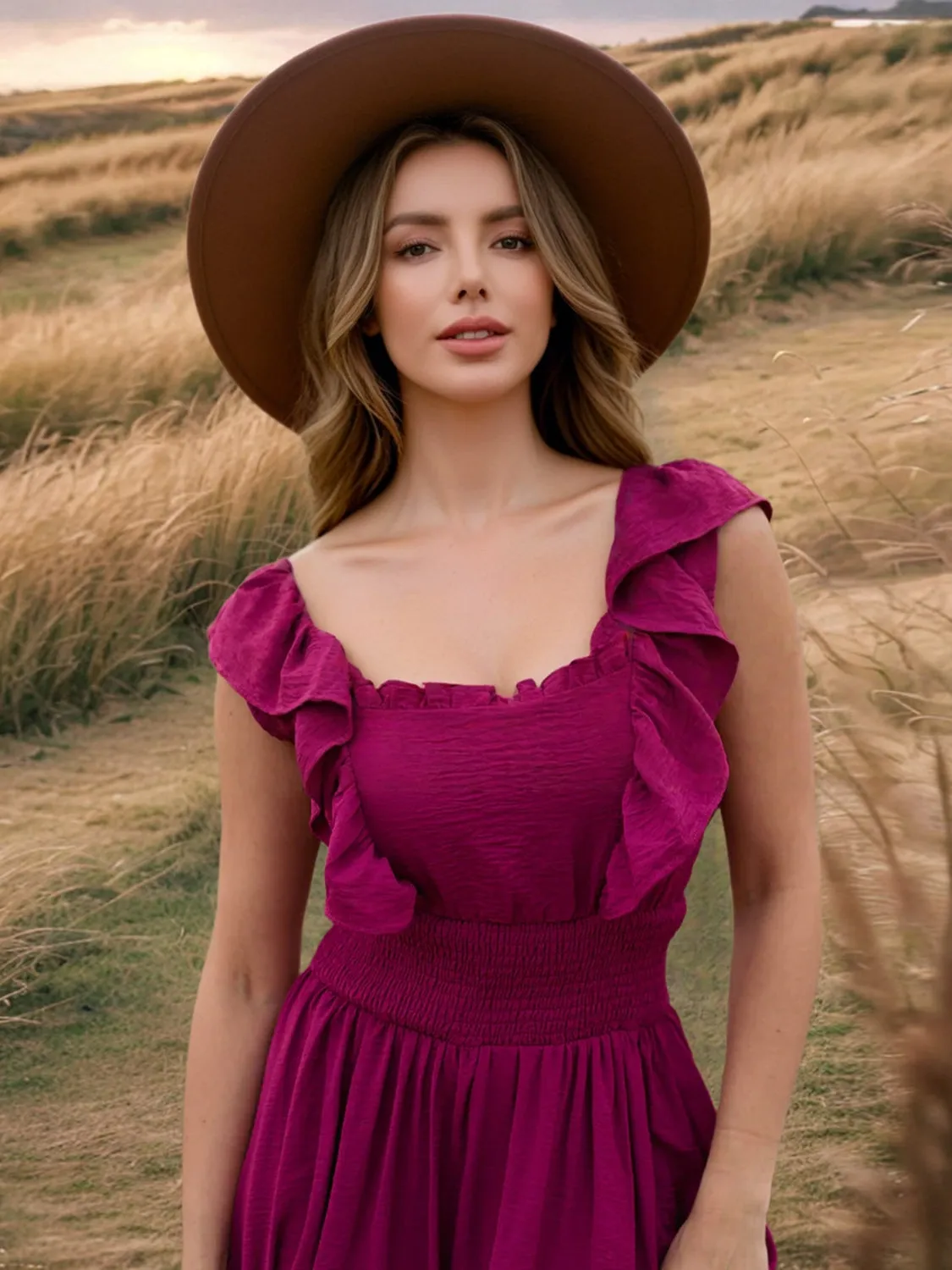 Ruffled Smocked Square Neck Maxi Dress