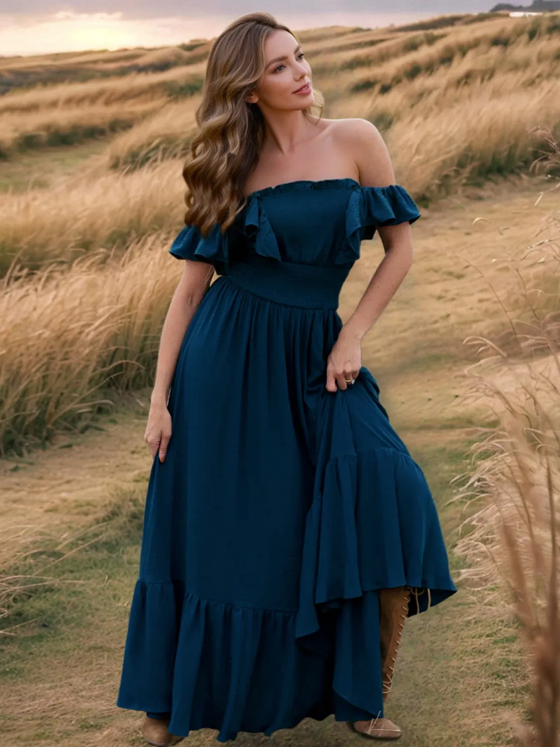 Ruffled Smocked Square Neck Maxi Dress