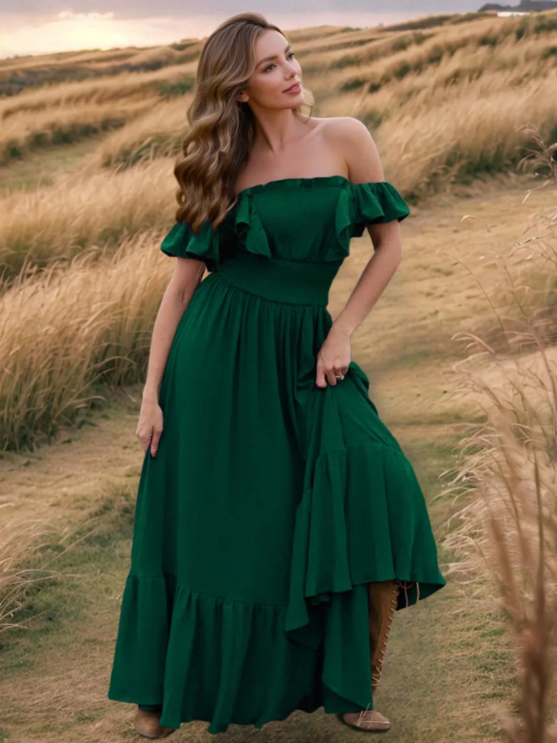 Ruffled Smocked Square Neck Maxi Dress