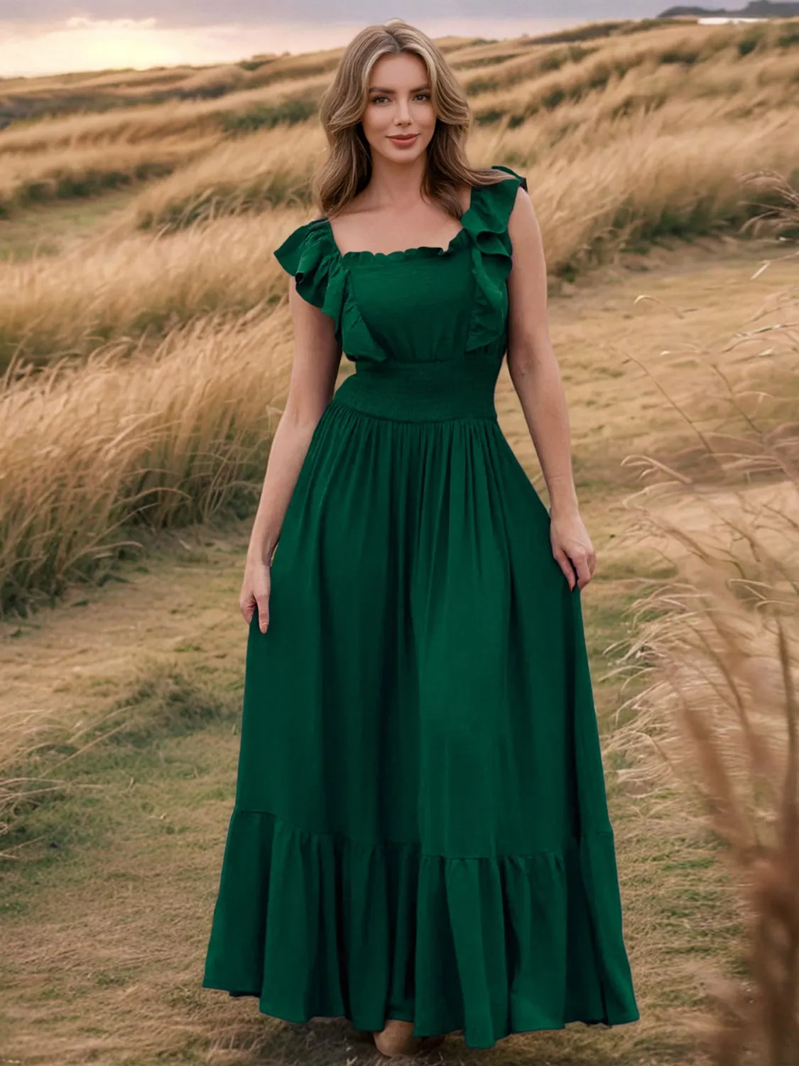 Ruffled Smocked Square Neck Maxi Dress