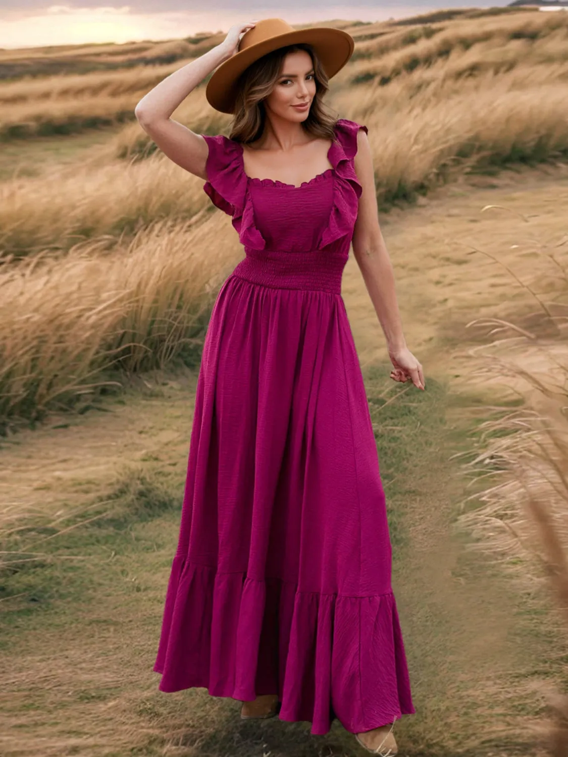 Ruffled Smocked Square Neck Maxi Dress