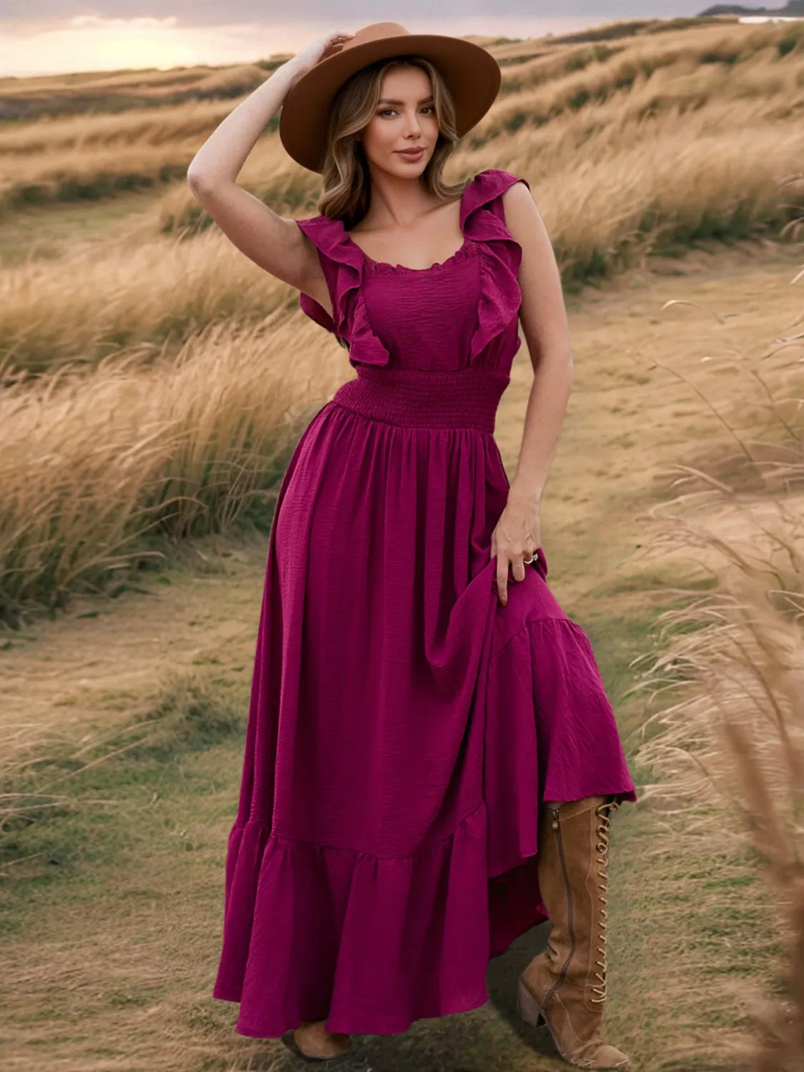 Ruffled Smocked Square Neck Maxi Dress