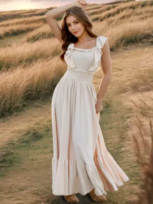 Ruffled Smocked Square Neck Maxi Dress