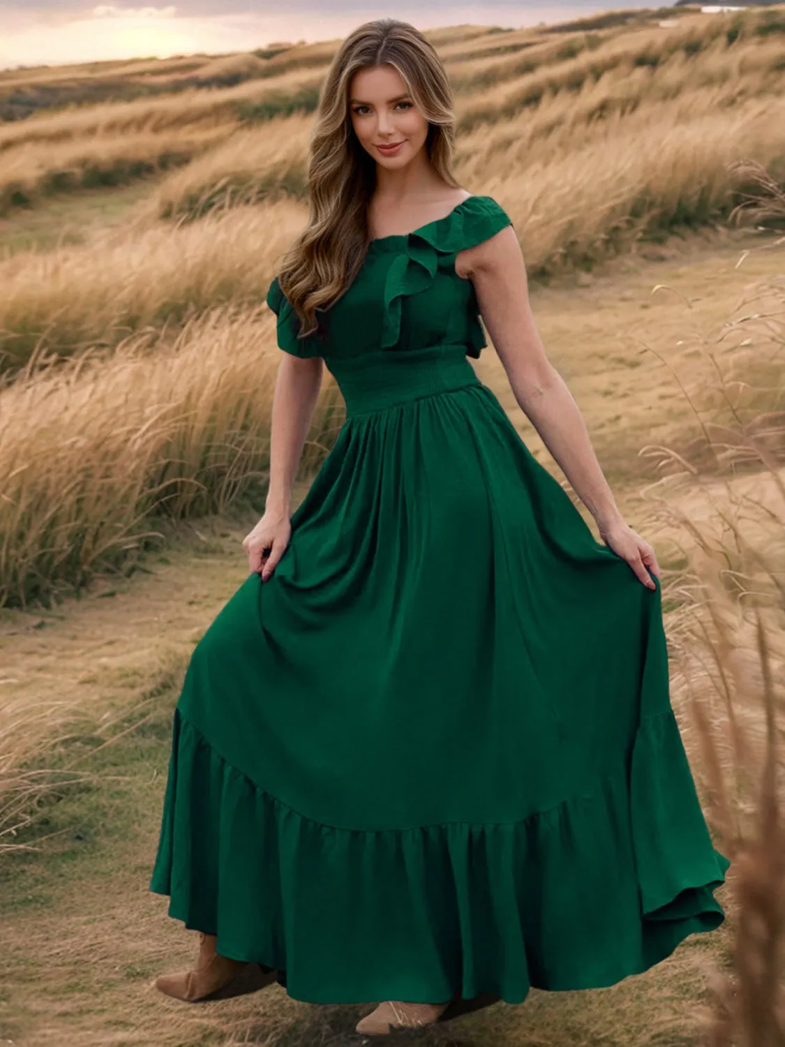Ruffled Smocked Square Neck Maxi Dress