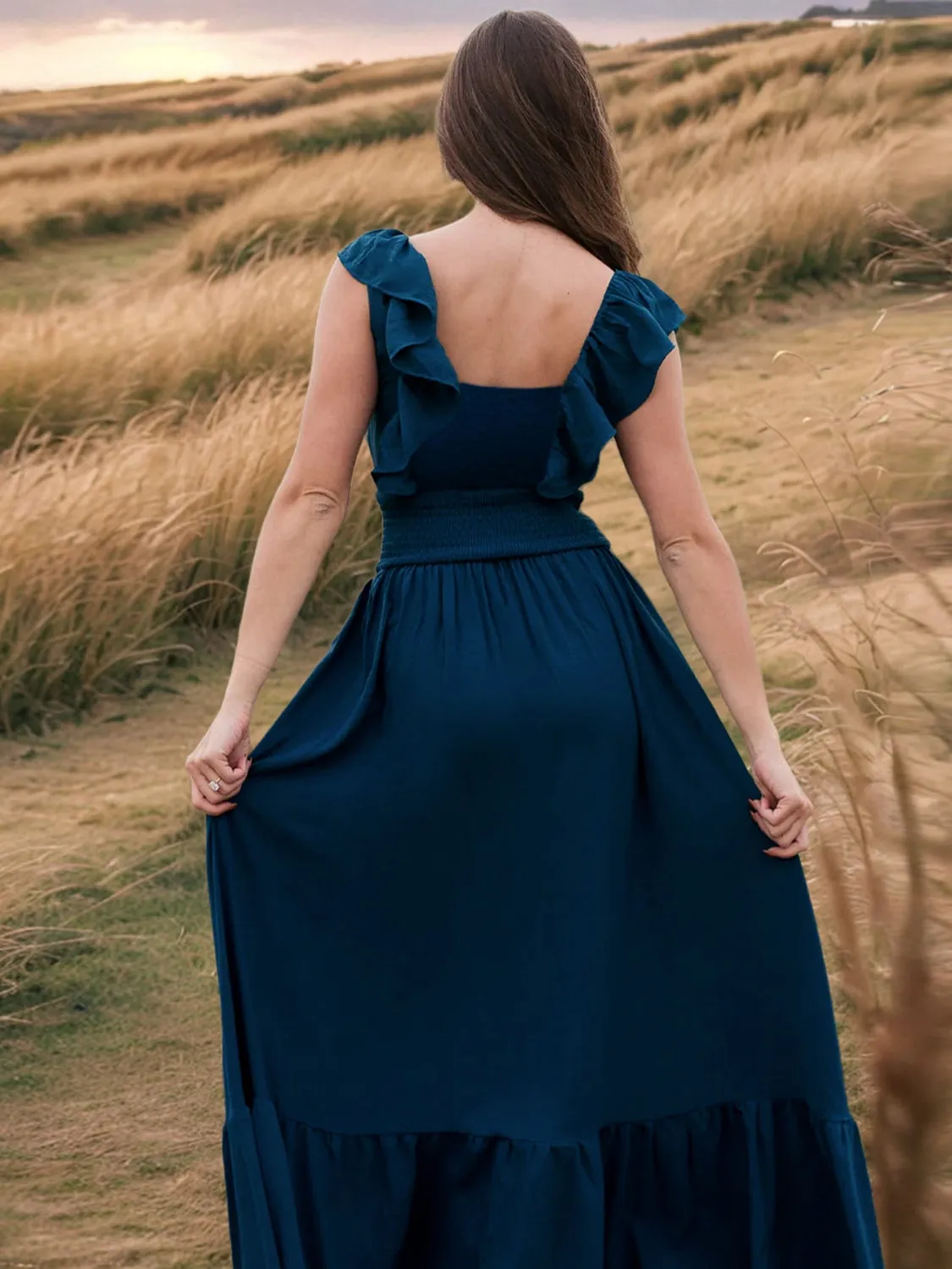Ruffled Smocked Square Neck Maxi Dress