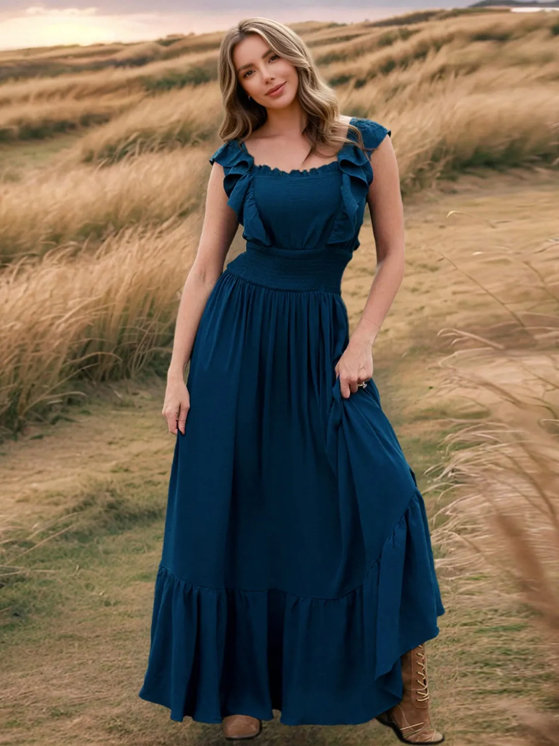 Ruffled Smocked Square Neck Maxi Dress