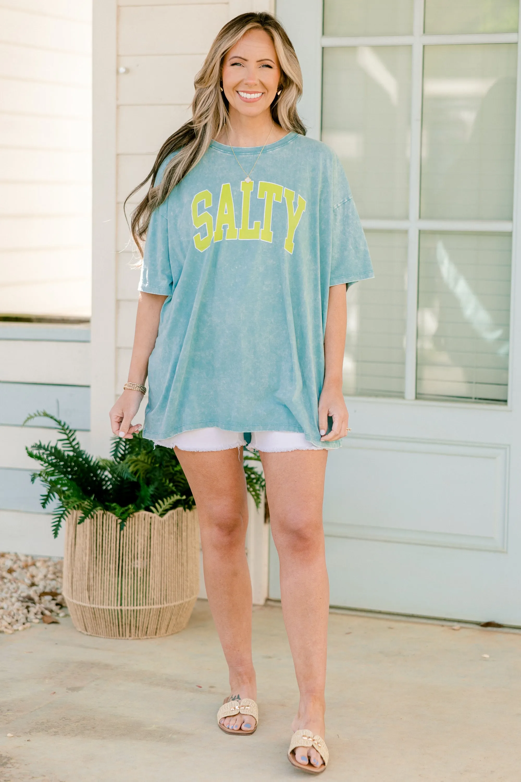 Salty Days Acid Wash Relaxed Tee, Dusty Teal