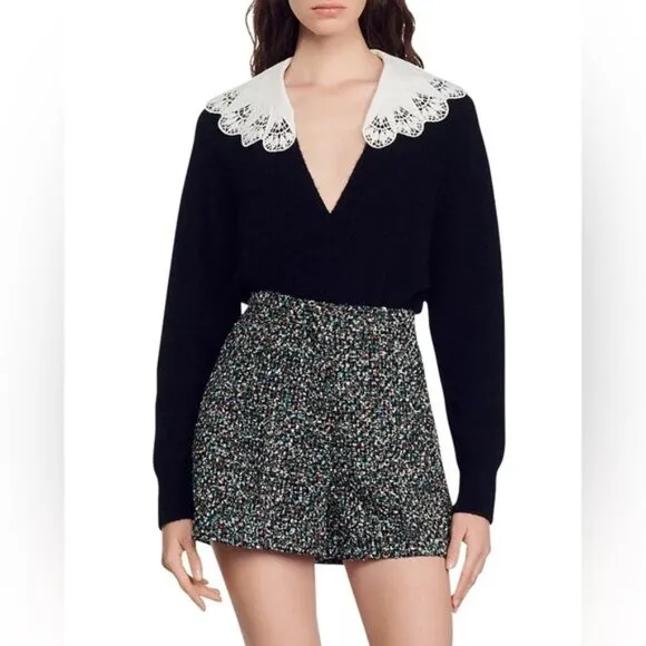 Sandro Space Tweed Wide Leg Textured Shorts Size 42