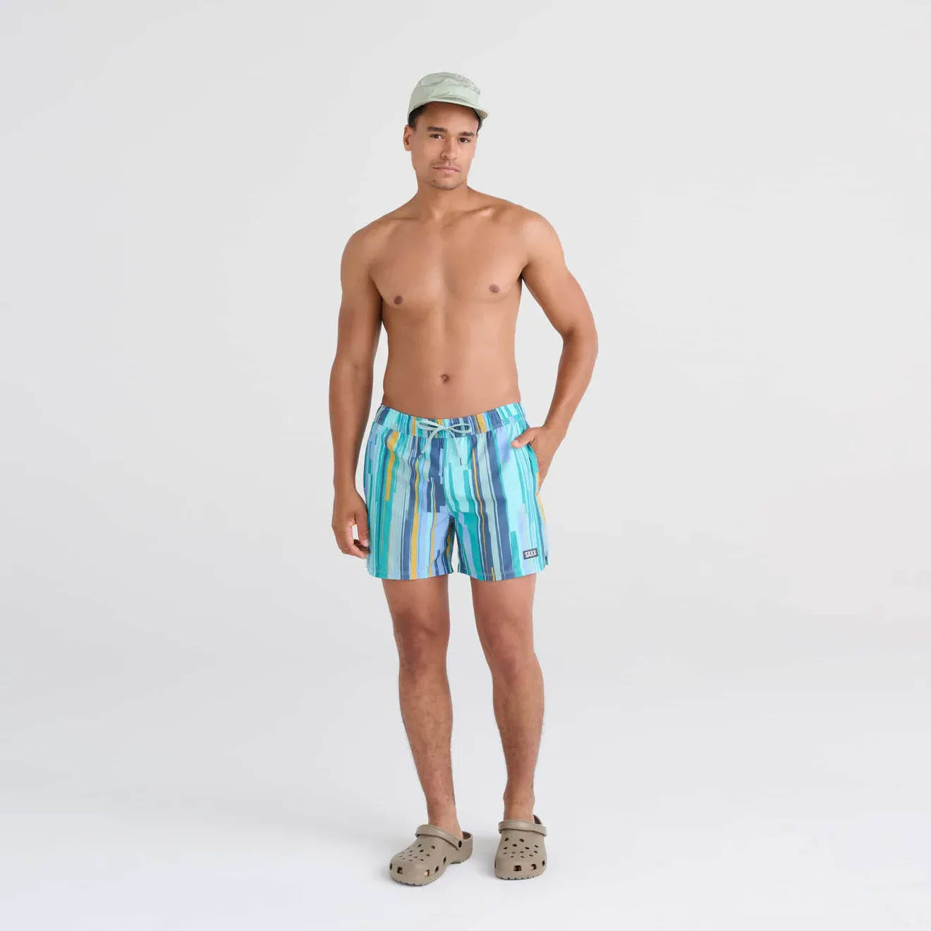 Saxx Mens Oh Buoy Stretch Volley 5" Swim Short - Soft Stripe - Aqua Splash