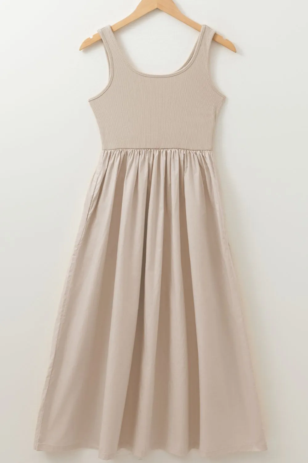 Scoop Neck Ribbed Bodice Sleeveless Midi Tank Dress