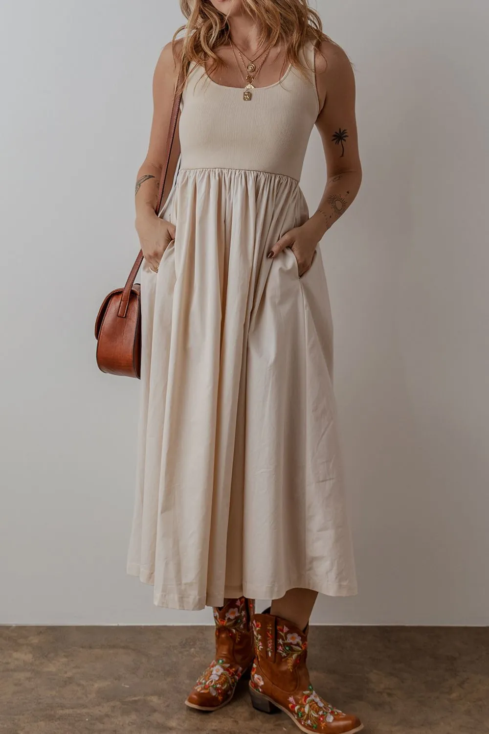 Scoop Neck Ribbed Bodice Sleeveless Midi Tank Dress