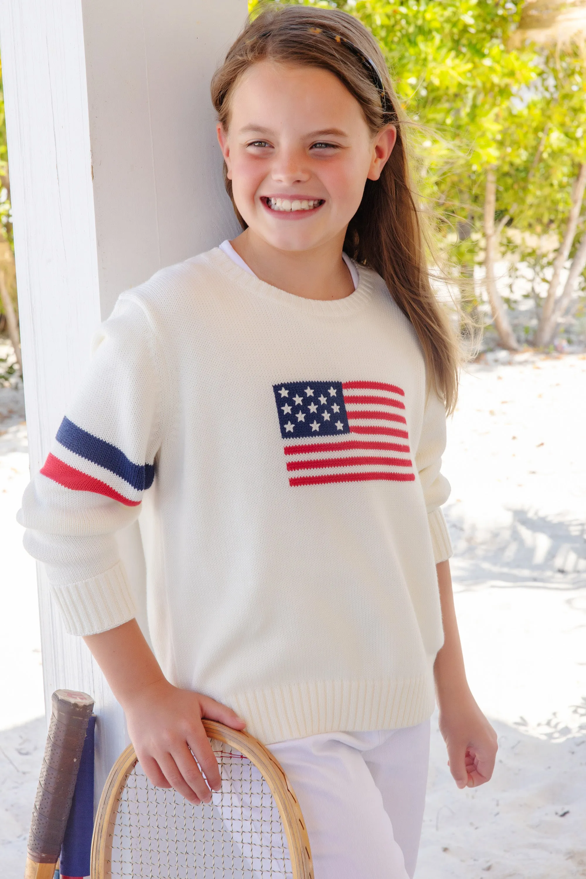 Seaton Intarsia Sweater (Unisex) - Palmetto Pearl with American Flag Intarsia