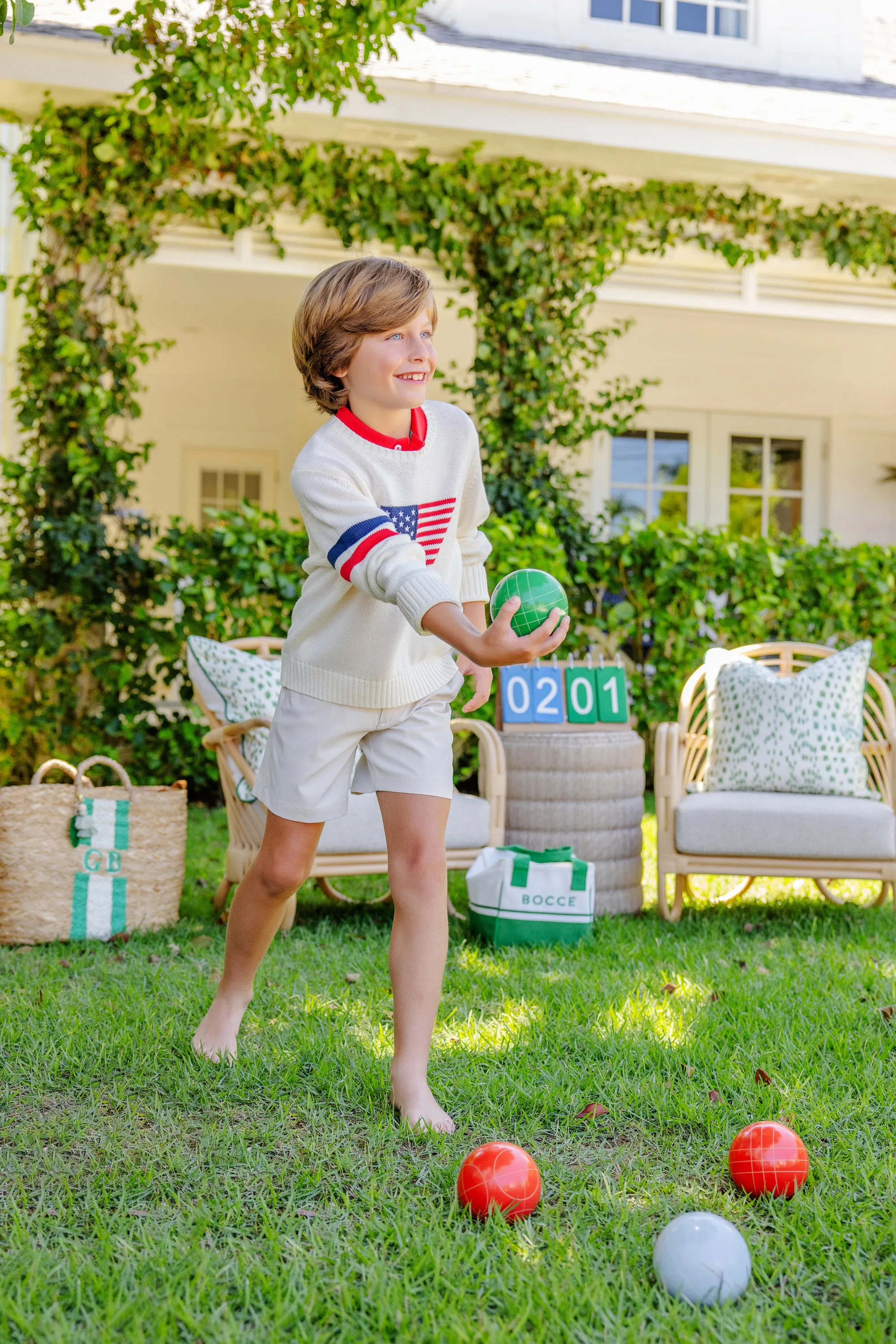 Seaton Intarsia Sweater (Unisex) - Palmetto Pearl with American Flag Intarsia