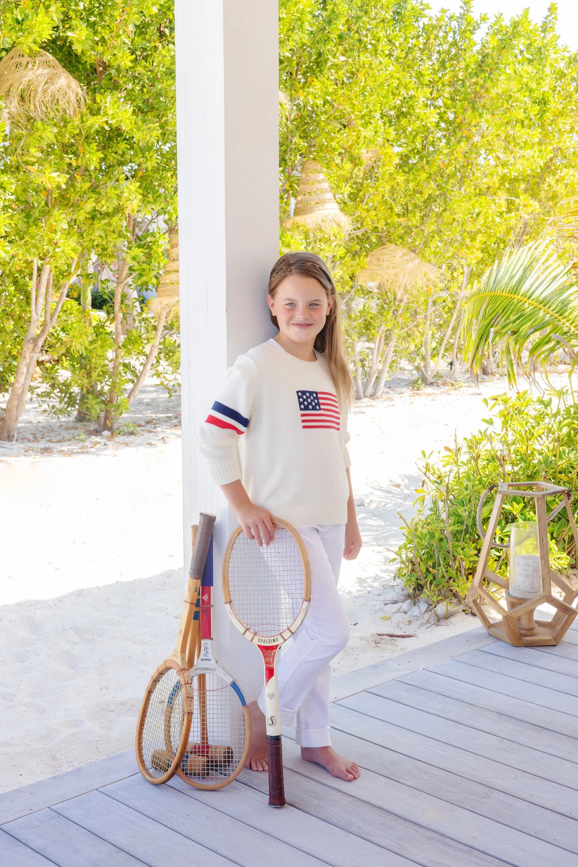 Seaton Intarsia Sweater (Unisex) - Palmetto Pearl with American Flag Intarsia