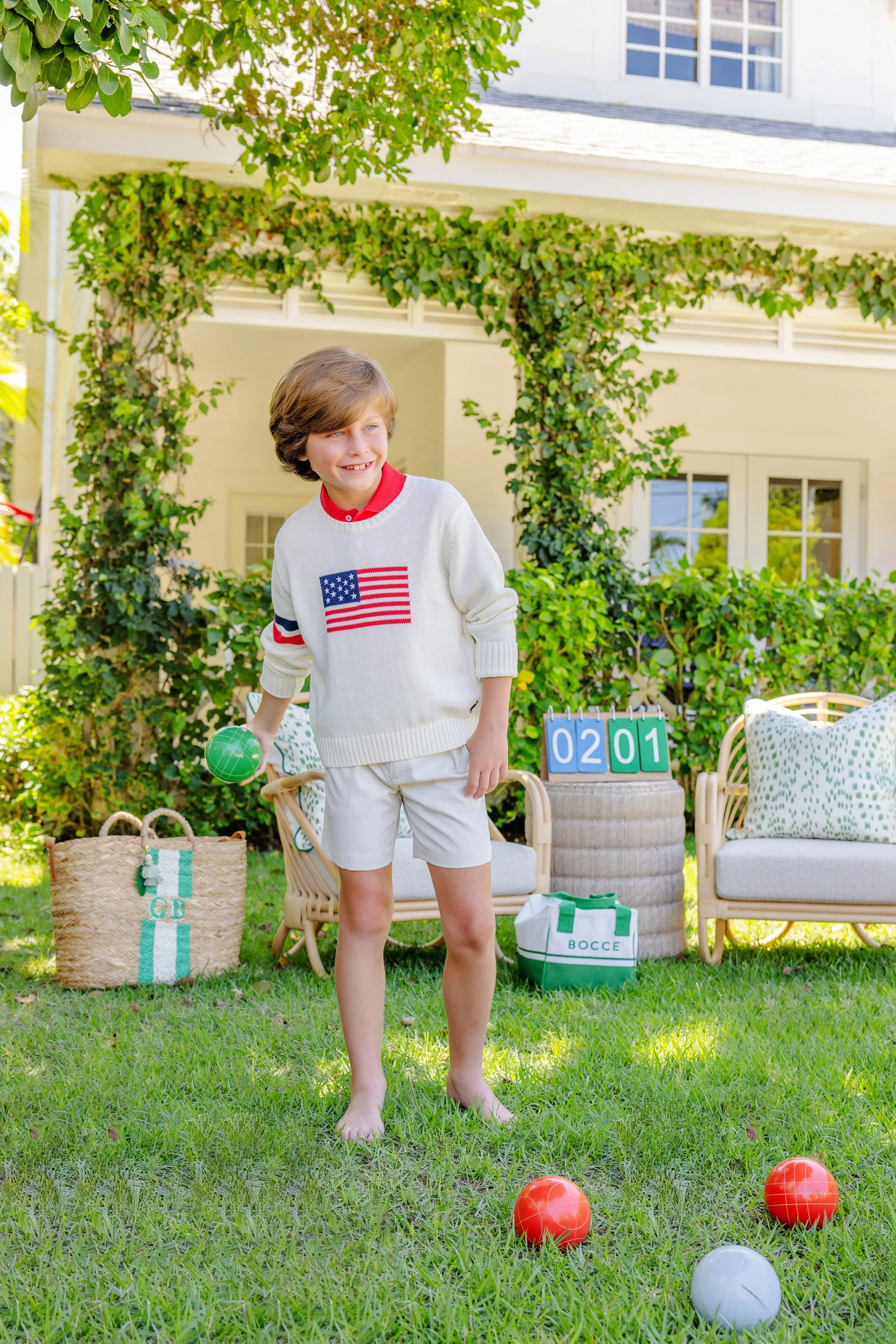 Seaton Intarsia Sweater (Unisex) - Palmetto Pearl with American Flag Intarsia