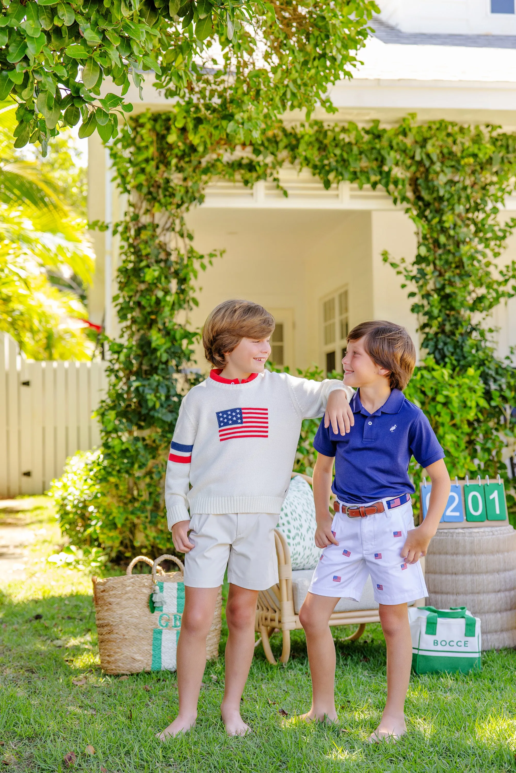 Seaton Intarsia Sweater (Unisex) - Palmetto Pearl with American Flag Intarsia