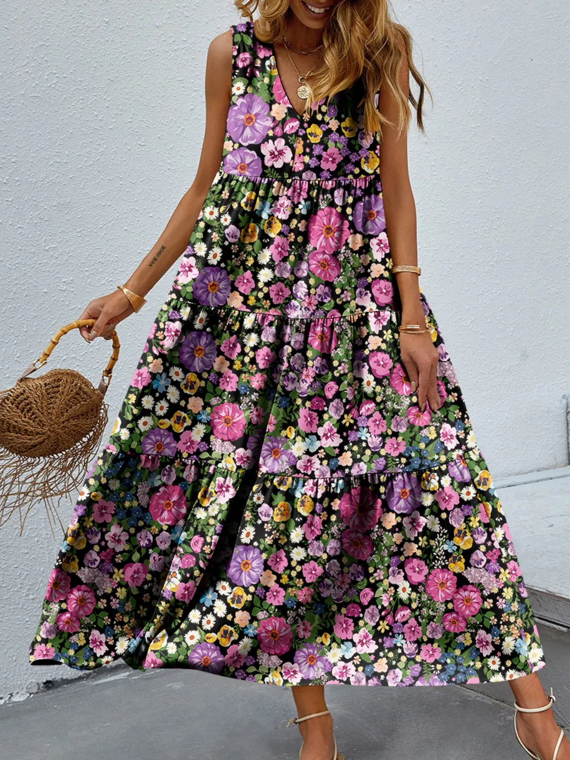 Selah Tiered Printed V-Neck Sleeveless Dress